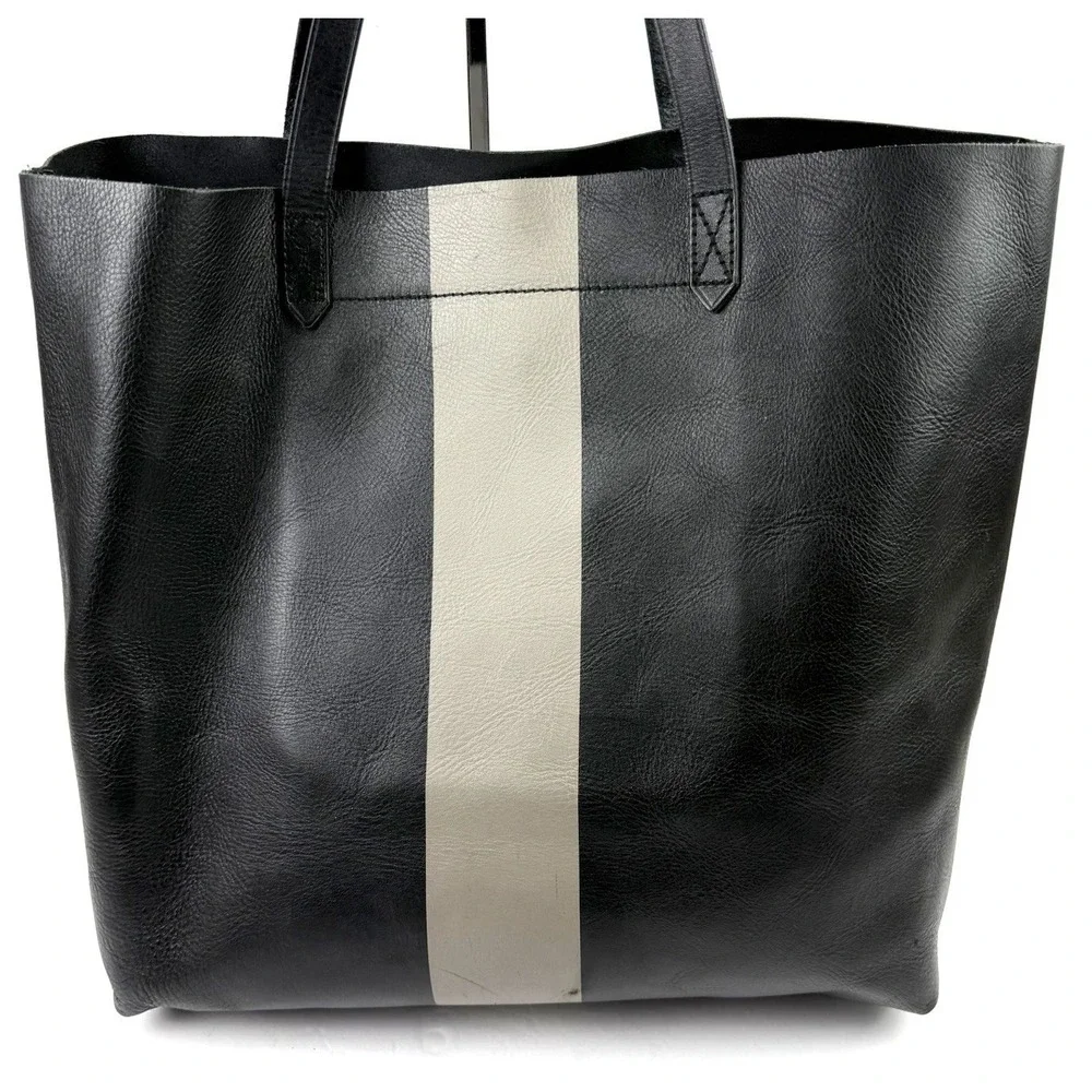 Madewell Transport Paint Stripe Tote Bag Black Gray Leather Urban Commuter